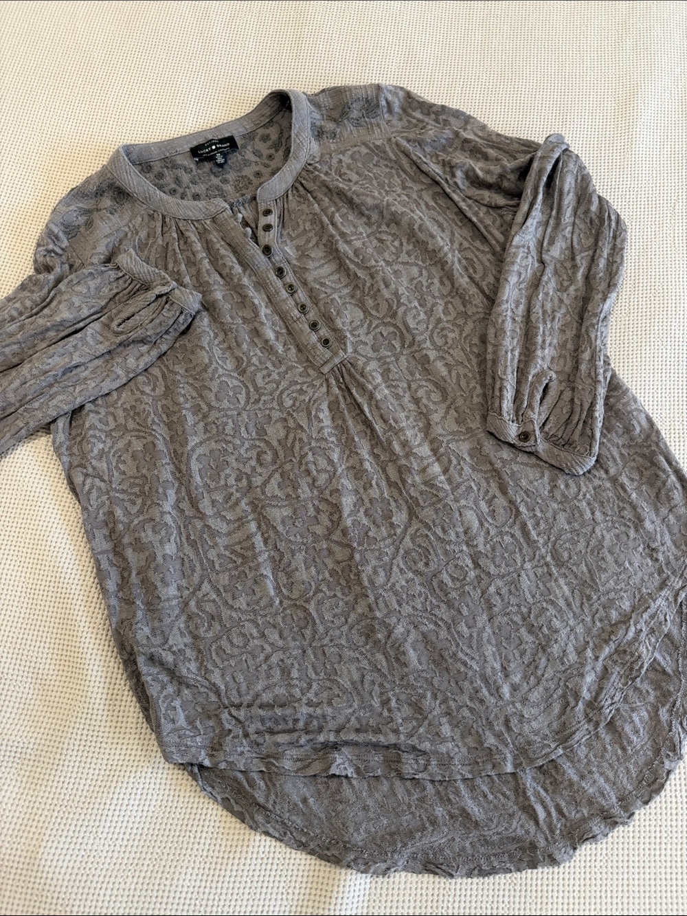 Lucky Brand Taupe Button-Placket Textured Tunic